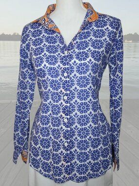 French Curve S Cotton Button Shirt Blue Floral Pattern Preppy Coastal Summer Top